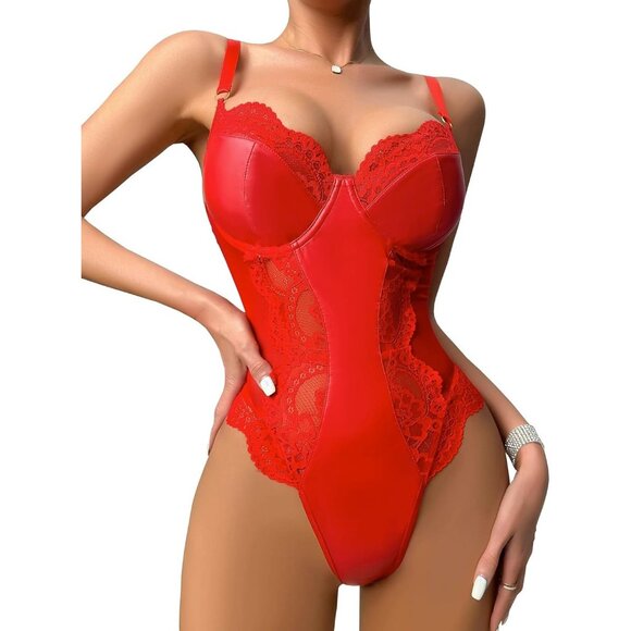 Lilosy Red Leather Underwire Push Up Lace Sheer Corset Teddy Bodysuit Women - Picture 1 of 6
